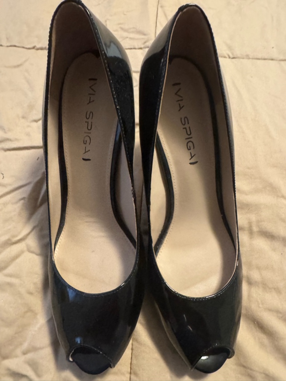 Via Spiga Black Patent Peep-Toe Heels